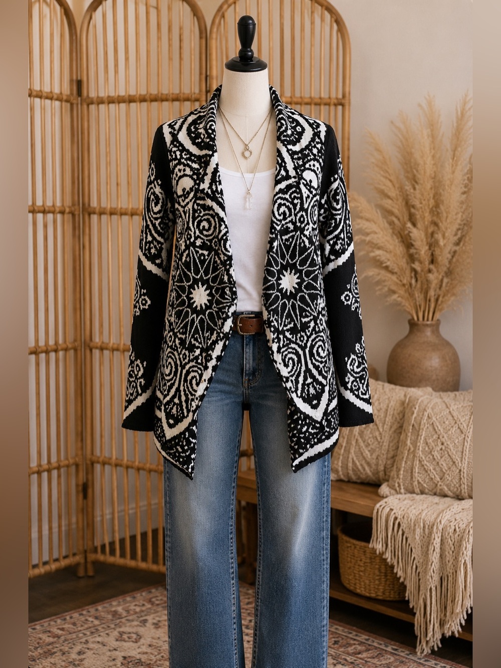 Free People Black White Geometric Open Front Cardigan Boho Mandala Knit Sweater